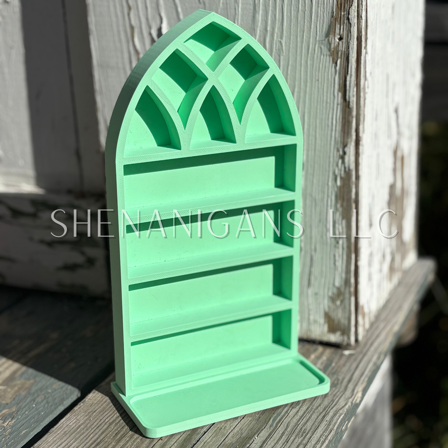 Curio Shelf Gothic Window w/ Tray - Size: Fits 1/2" wide Micro Jars 8x4 - Trinket, Desk, Crystal