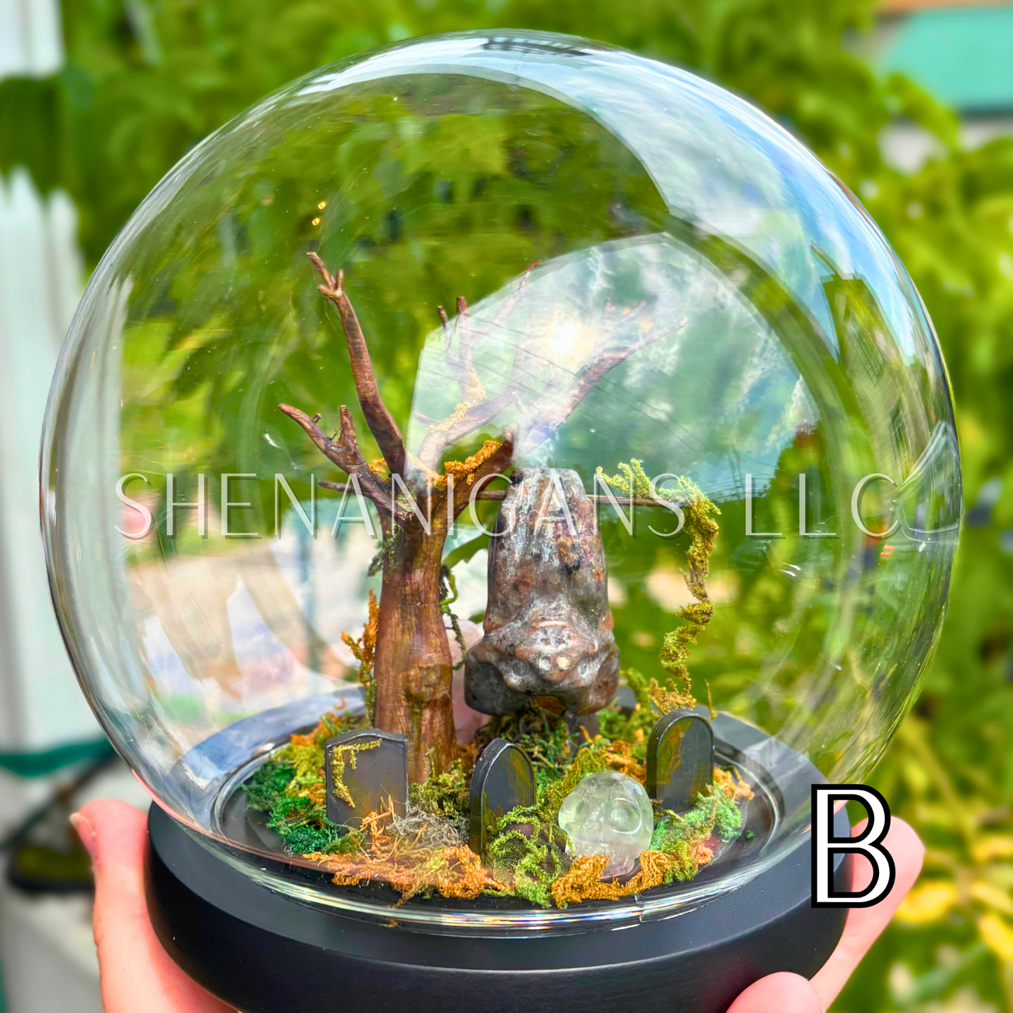 Yooperlite (UV) Hanging Crystal Bat in Graveyard - Bubble Cloche Dome Art
