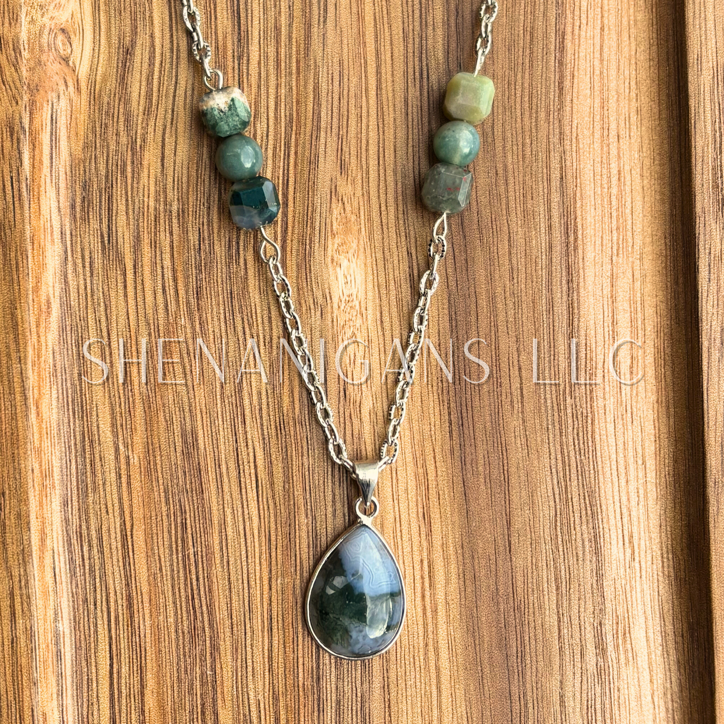 Moss Agate Teardrop Pendant Necklace