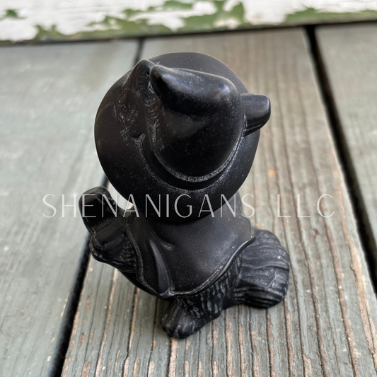Witch Cat Clying On Broom - Obsidian - Crystal Carving