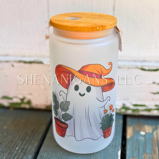 Plant Loving Ghostie Sun hat Glass Tumbler Bamboo Lid