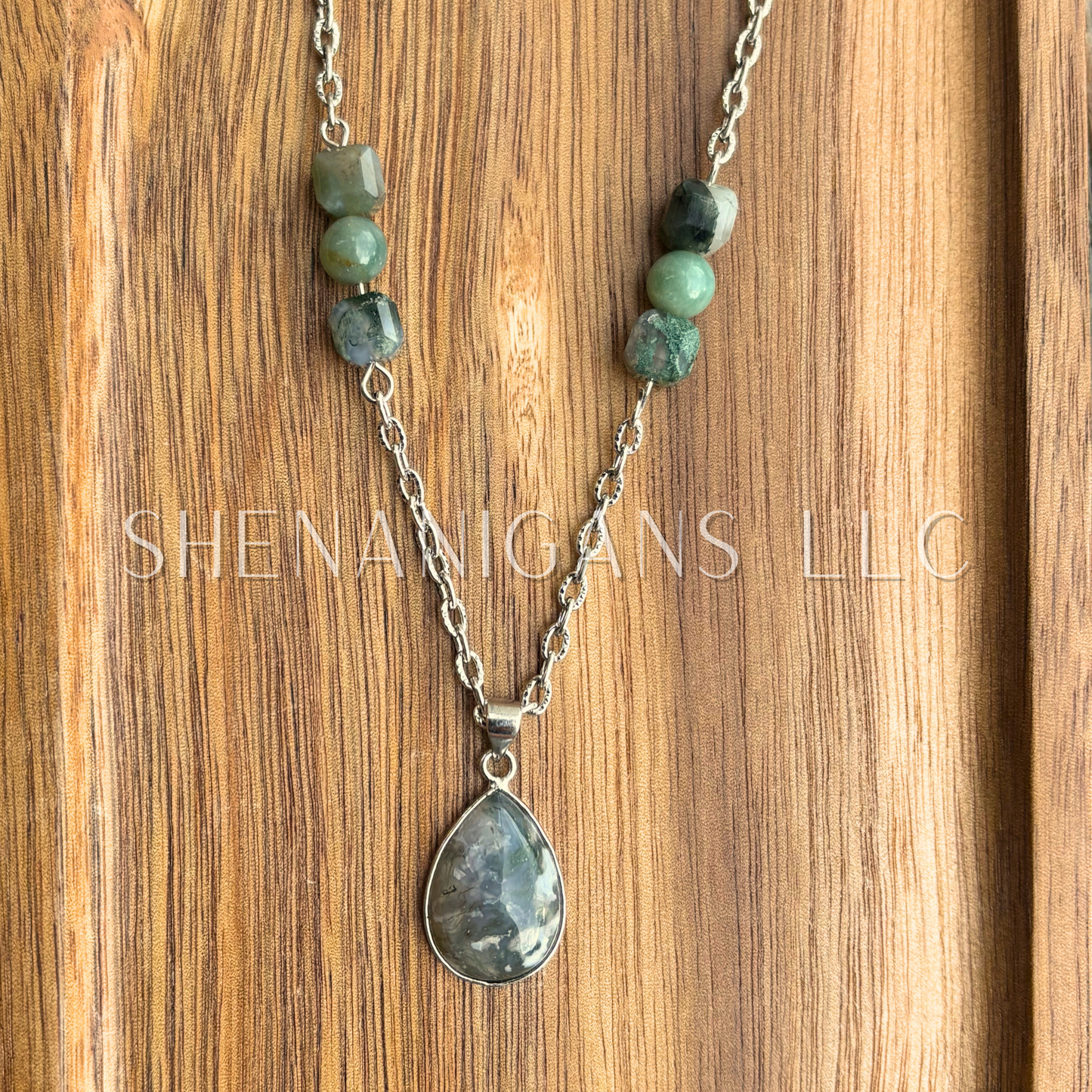 Moss Agate Teardrop Pendant Necklace