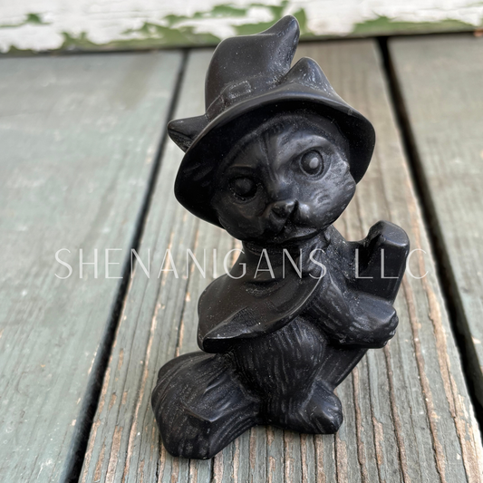 Witch Cat Clying On Broom - Obsidian - Crystal Carving