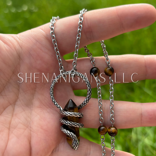 Tigers Eye Double Point Wrapped Alloy Snake Necklace