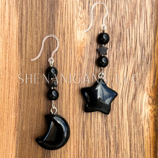 Obsidian Moon & Star Crystal Earrings