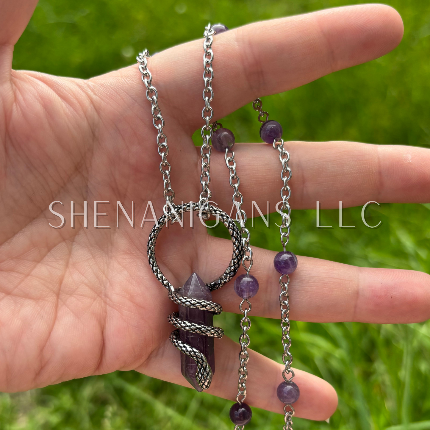 Amethyst Double Point Wrapped Alloy Snake Necklace
