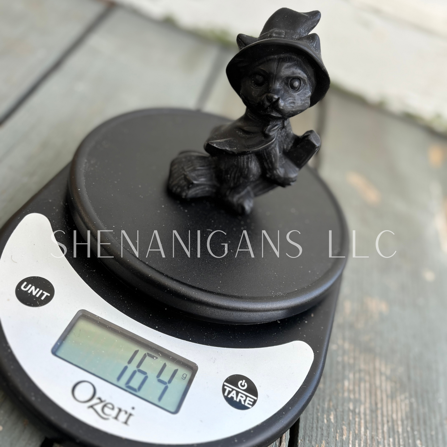 Witch Cat Clying On Broom - Obsidian - Crystal Carving