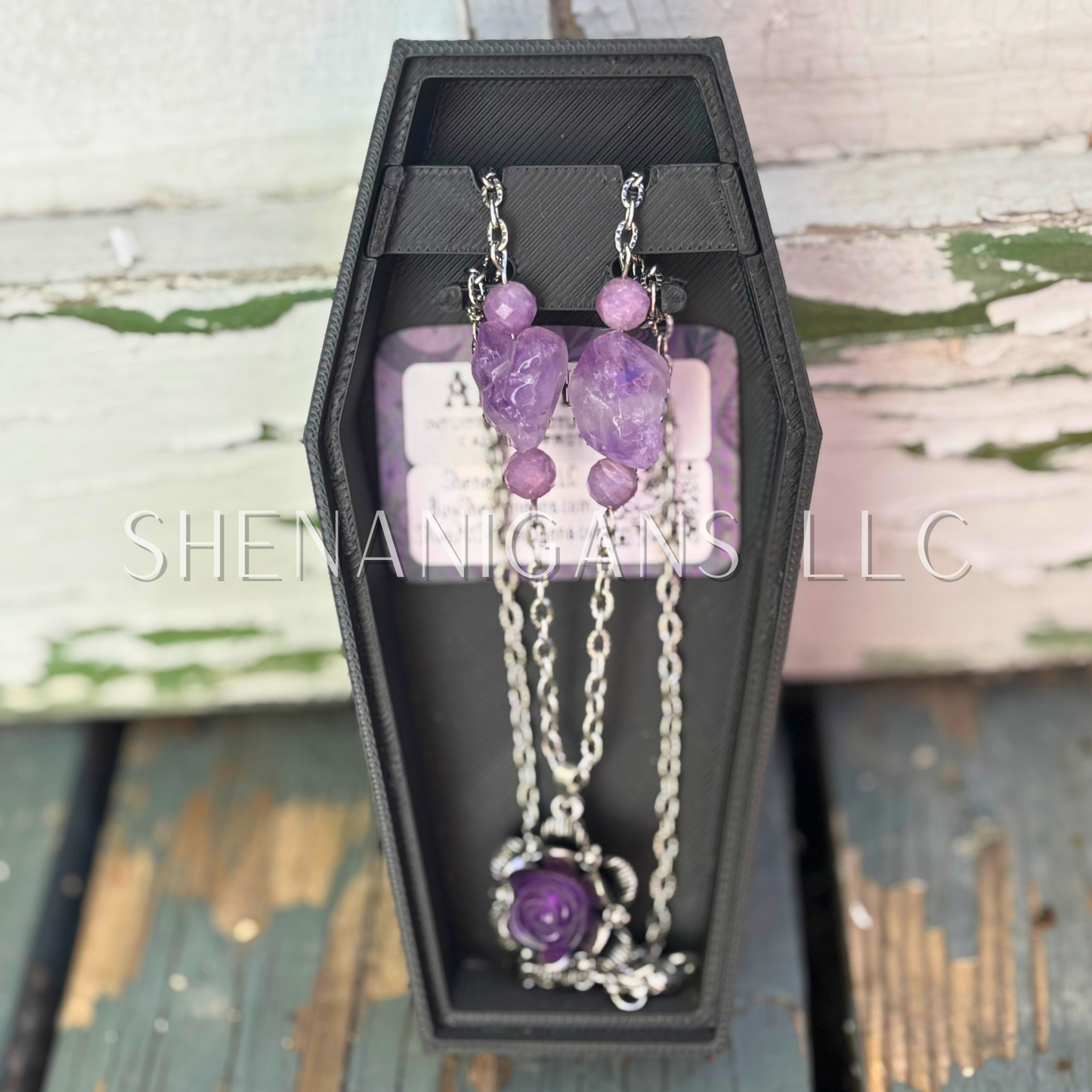 Amethyst Flower Pendant with Lepidolite Beads and Raw Amethyst Beads Necklace