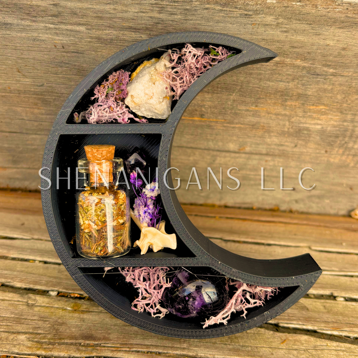 Peaceful Sleep Spell - Mini Crescent Moon Crystal Shelf | 3D Printed Moon Display with Handpicked Crystals, Moss & Trinkets Magnet
