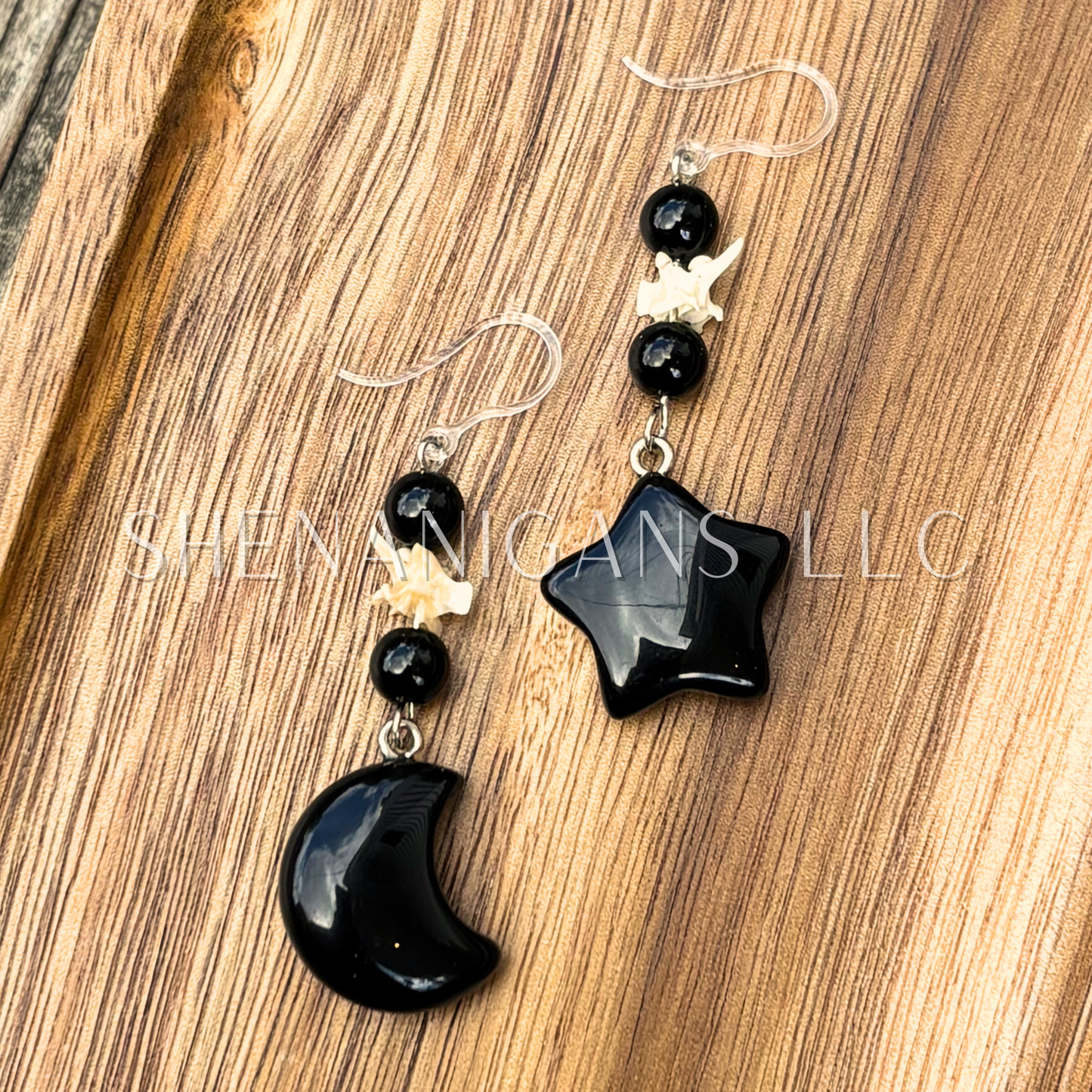 Obsidian Moon & Star Crystal Earrings – Obsidian Beads with Snake Vertebrae Accents