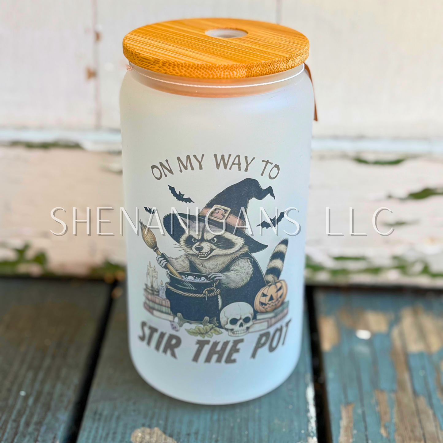 On my way to stir the pot glass tumbler bamboo lid, trash panda, raccoon, witch, pumpkin, halloween, skull, cauldron