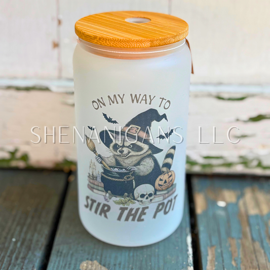On my way to stir the pot glass tumbler bamboo lid, trash panda, raccoon, witch, pumpkin, halloween, skull, cauldron