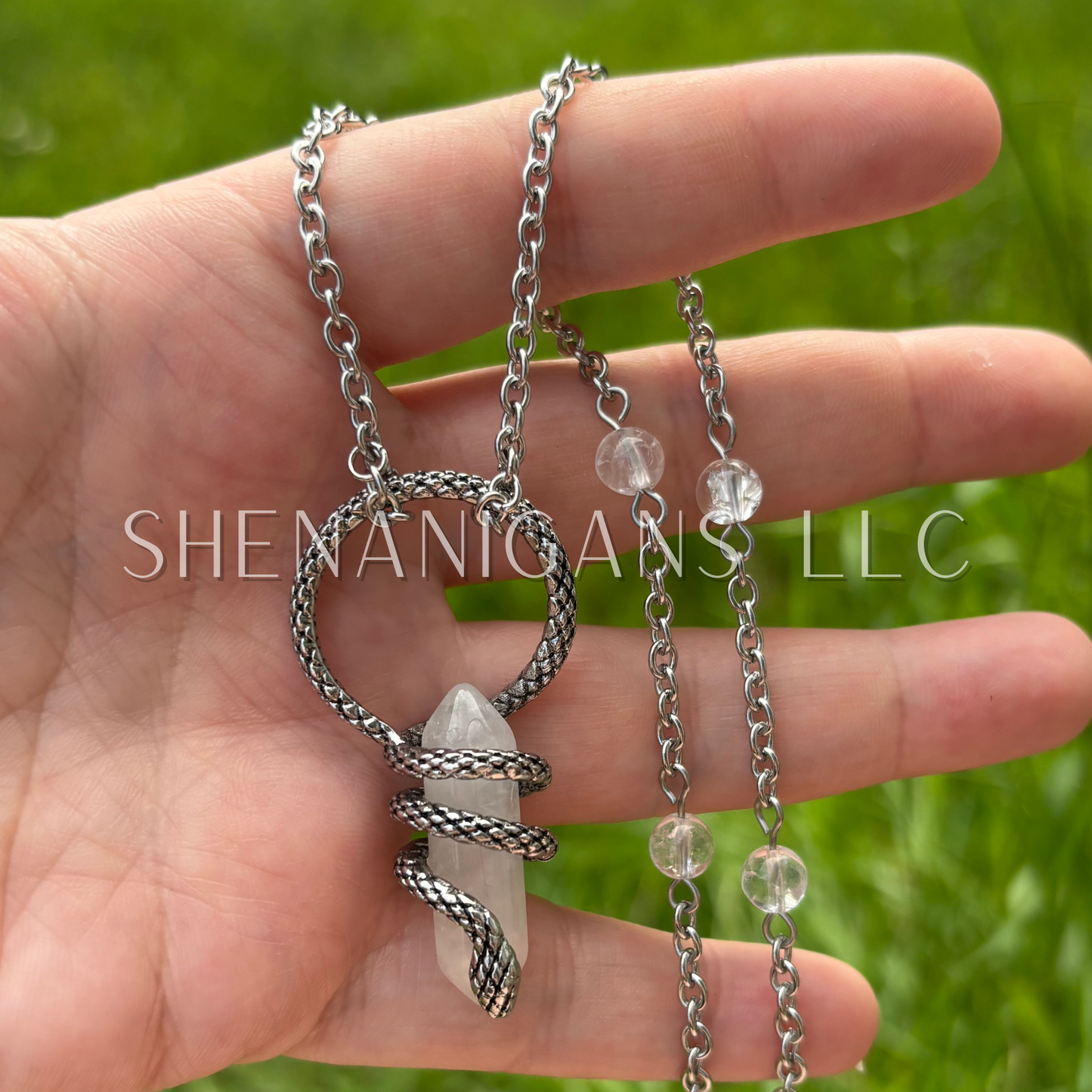 Clear Quartz Double Point Wrapped Alloy Snake Necklace