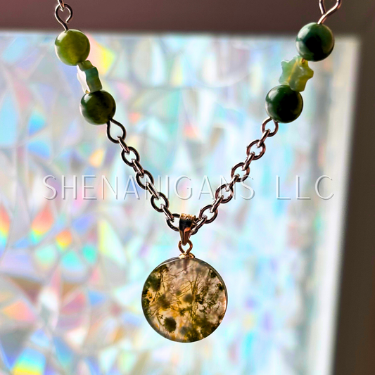 Moss Agate Circle Pendant Necklace with Snake Vertebrae