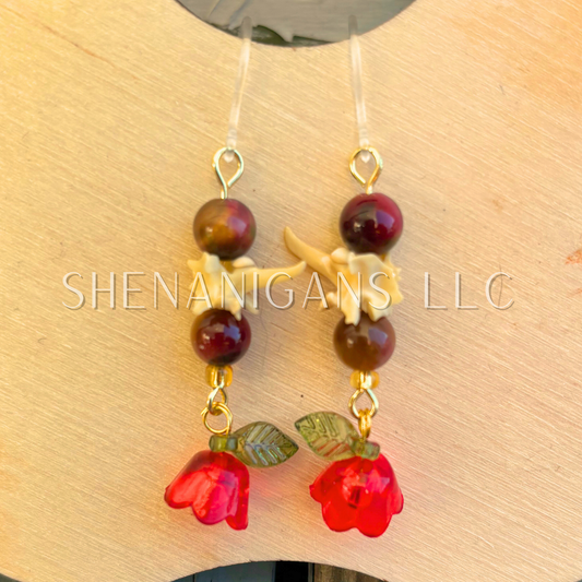 Red and Gold Bell Flower Dangle Earrings with Snake Vertebrae and Crystal Beads
