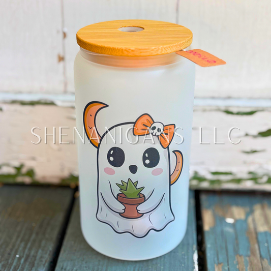 Plant Loving Ghostie Bow Moon Glass Tumbler Bamboo Lid