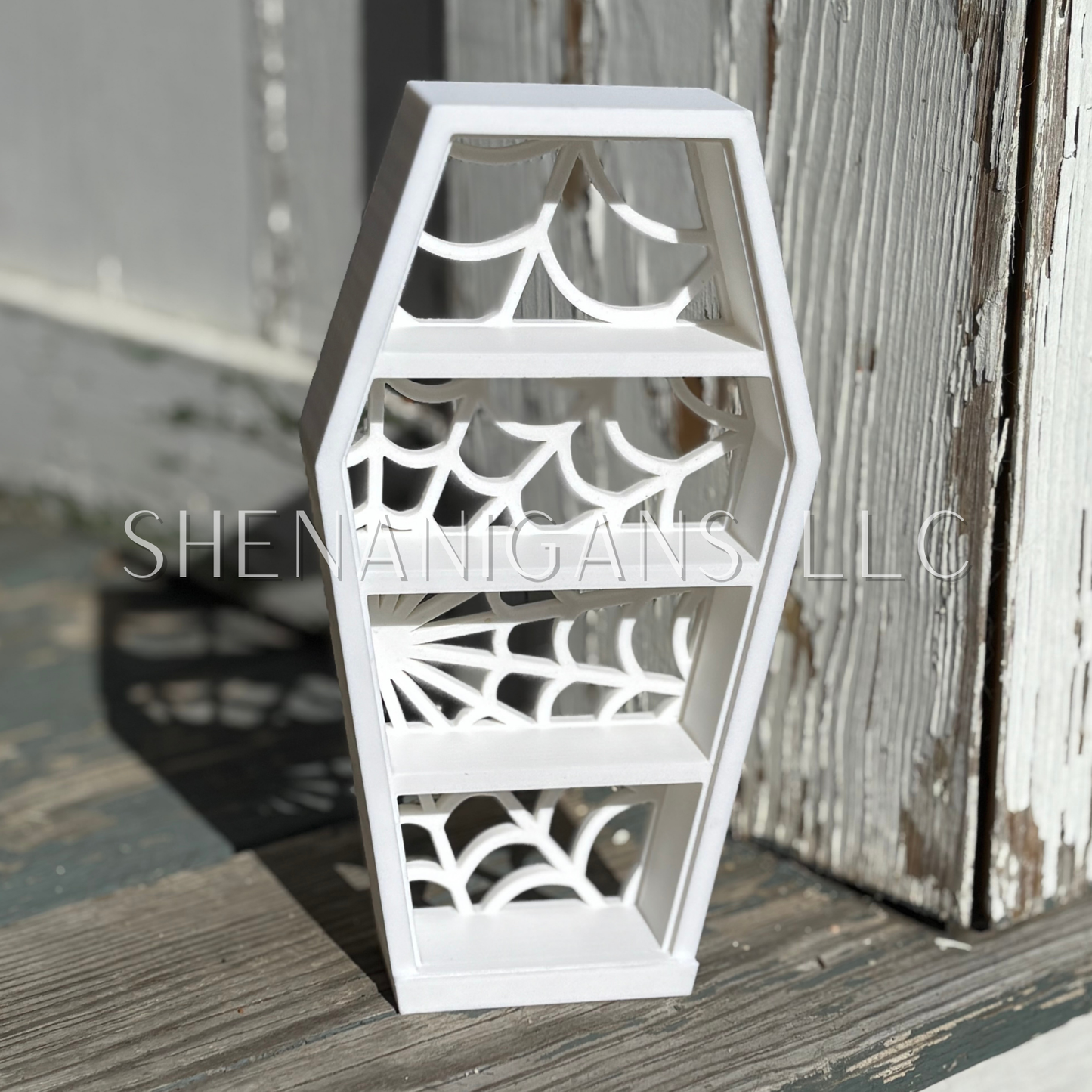 Curio Shelf Spider Web Coffin - 3 Shelf - Trinket, Desk, Crystal