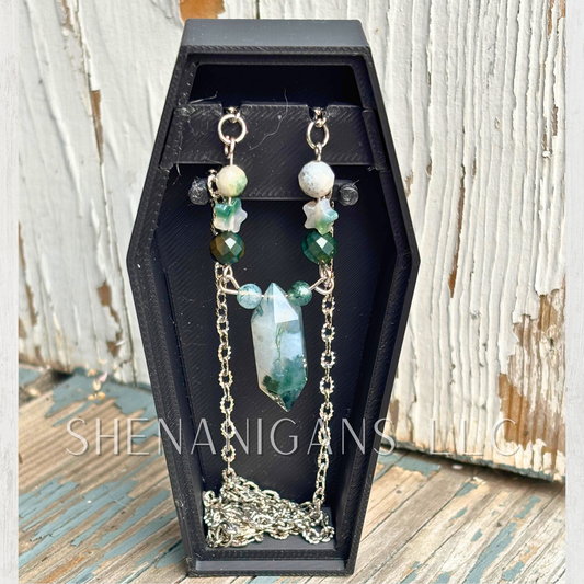 Moss Agate Pendant Necklace with Silver Hammered Chain