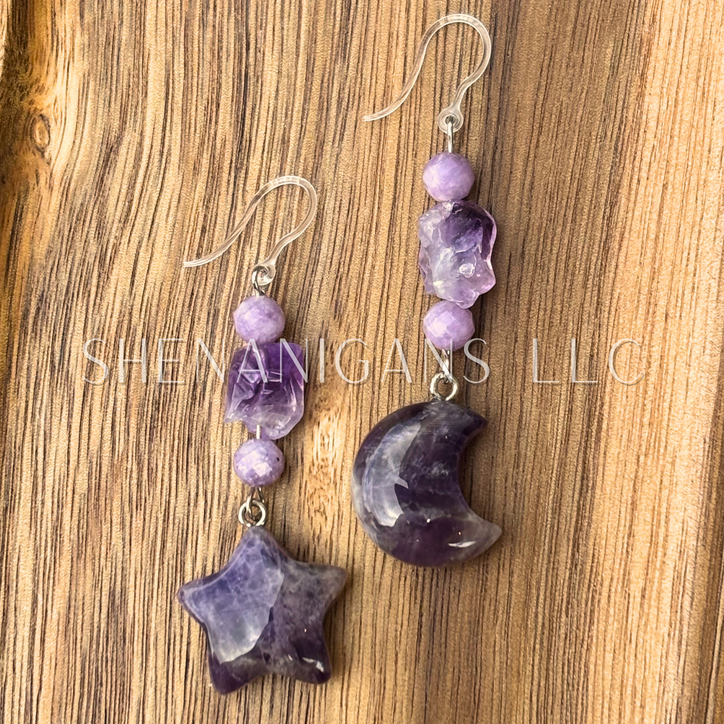 Chevron Amethyst Moon & Star Earrings – Crystal Carving with Lepidolite & Raw Amethyst Beads