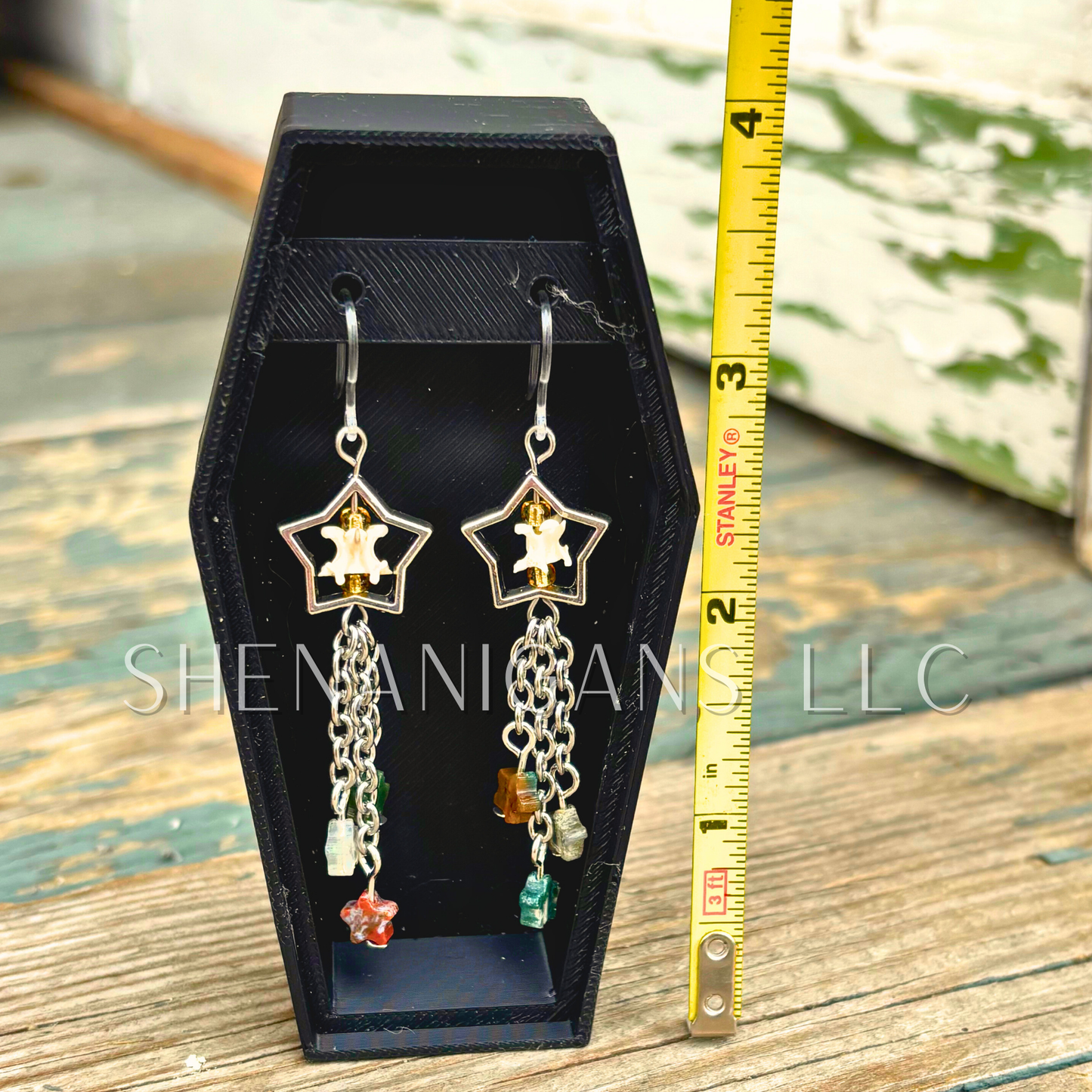 Shooting Star Earrings with Ocean Jasper Stars & Rattlesnake Vertebrae – Handmade Celestial Coffin Display
