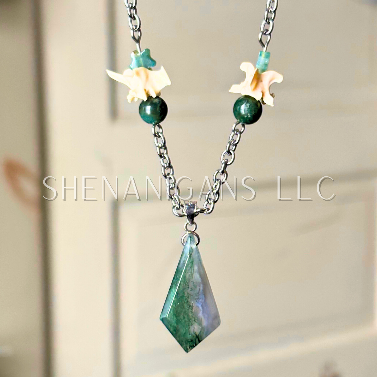 Moss Agate Teardrop Diamond Pendant Necklace with Snake Vertebrae