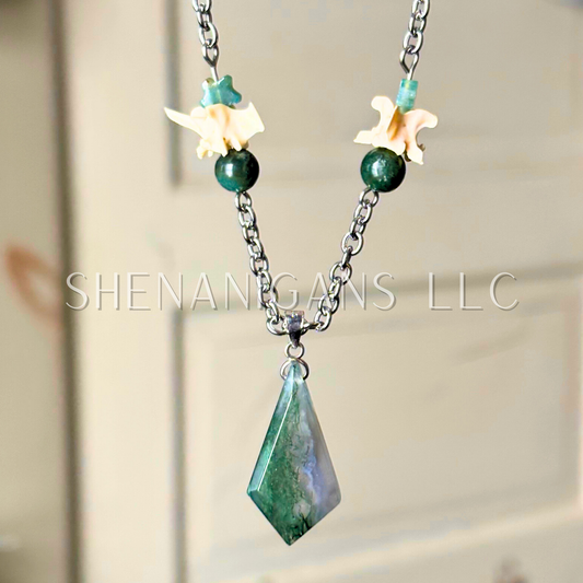 Moss Agate Teardrop Diamond Pendant Necklace with Snake Vertebrae