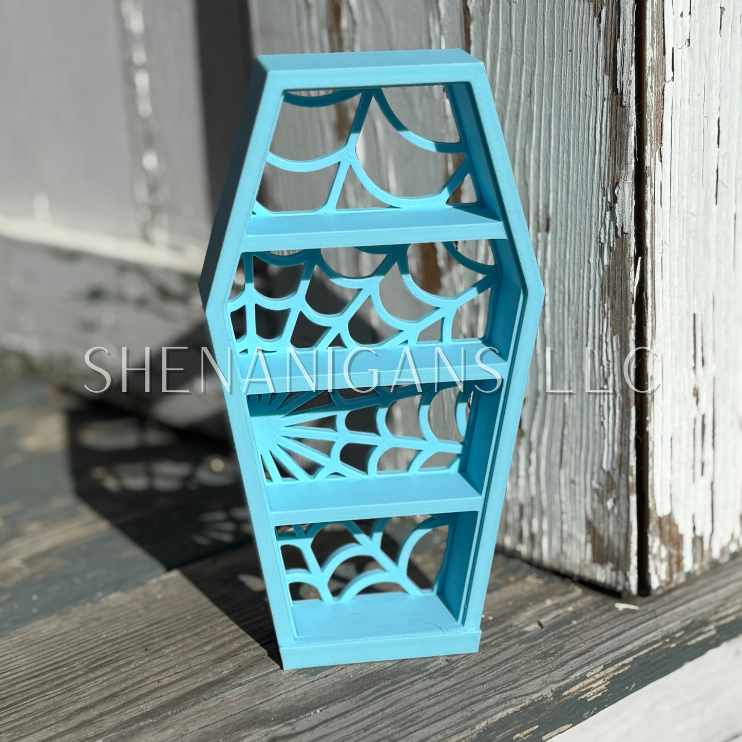 Curio Shelf Spider Web Coffin - 3 Shelf - Trinket, Desk, Crystal