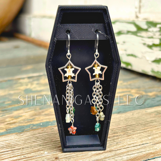 Shooting Star Earrings with Ocean Jasper Stars & Rattlesnake Vertebrae – Handmade Celestial Coffin Display