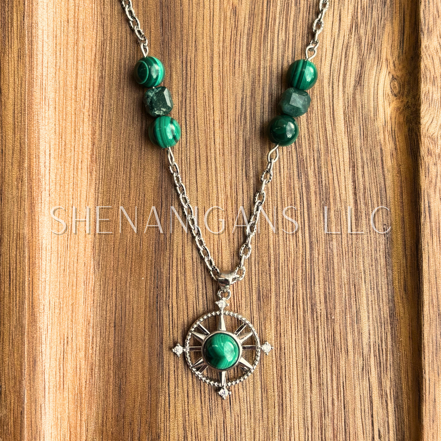 Malachite Spinning Fidget Compass Pendant Necklace