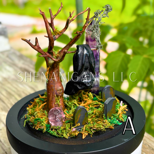 Obsidian Hanging Crystal Bat in Graveyard - Bubble Cloche Dome Art