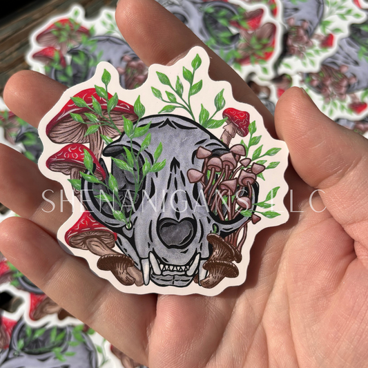 Cat Skull Hand Drawn Digital Art Sticker, Mushroom Foliage Cottage Core Sticker