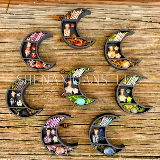 Mini Crescent Moon Crystal Shelf | 3D Printed Moon Display with Handpicked Crystals, Moss & Trinkets Magnet