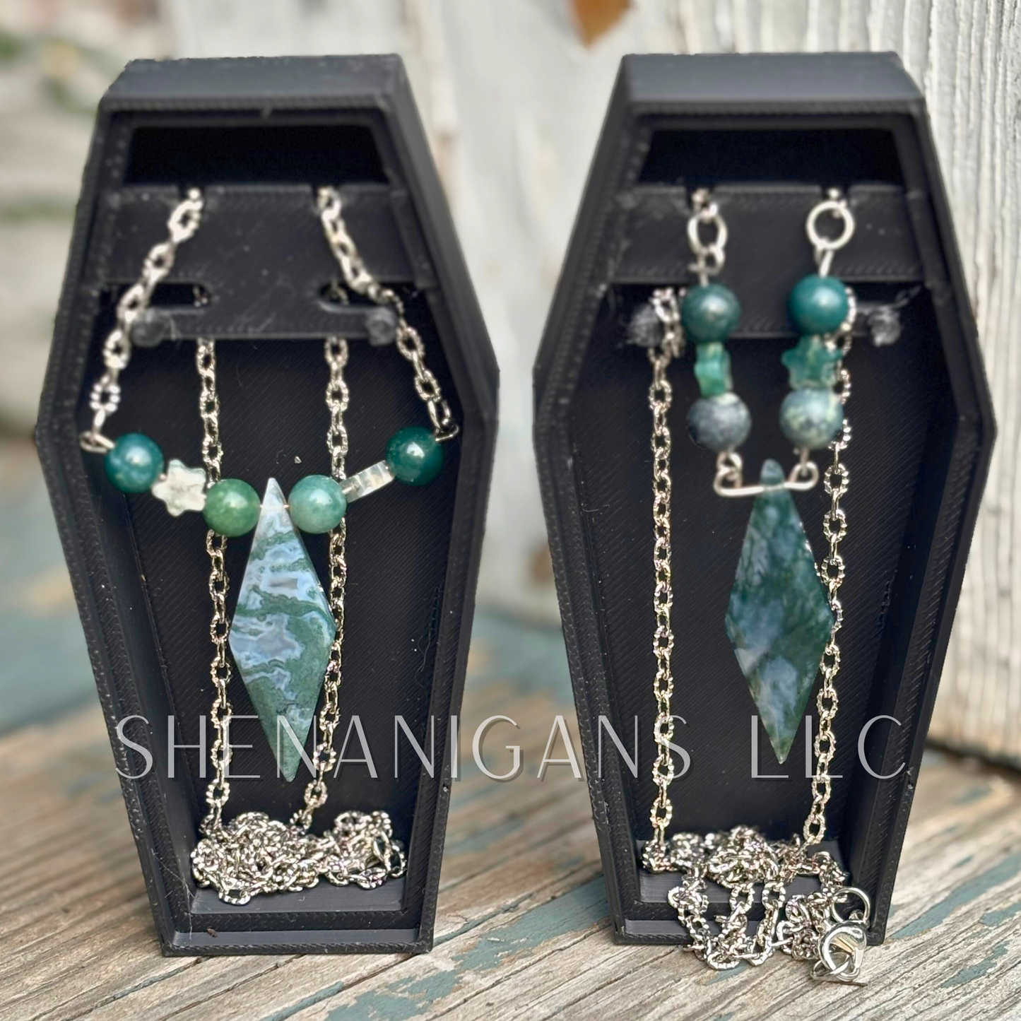 Moss Agate Diamond Pendant Necklace with Silver Hammered Chain