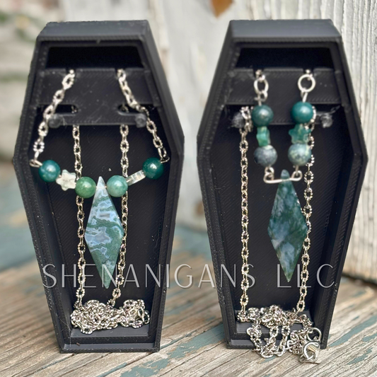 Moss Agate Diamond Pendant Necklace with Silver Hammered Chain