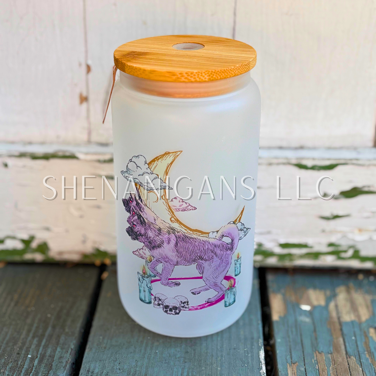 Three Headed Dog Glass Tumbler, Crescent Moon, Skulls, Summoning Circle