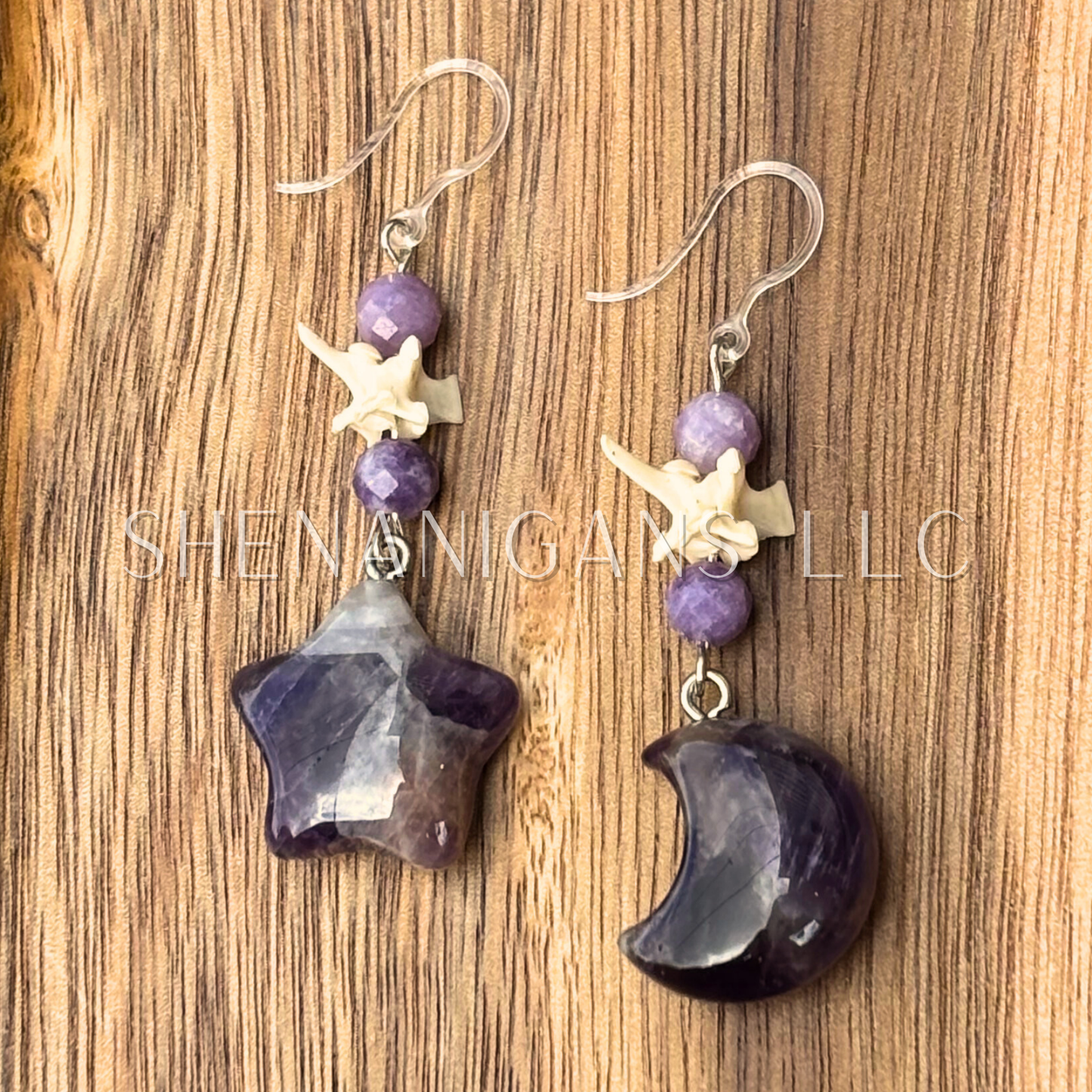 Chevron Amethyst Moon & Star Earrings – Crystal Carving with Lepidolite Beads & Snake Vertebrae