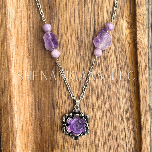 Amethyst Flower Pendant with Lepidolite Beads and Raw Amethyst Beads Necklace