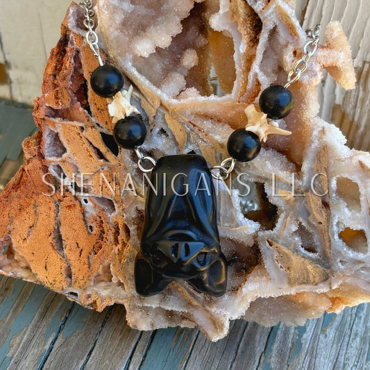 Obsidian Hanging Fruit Bat Necklace with Rattlesnake Vertebrae