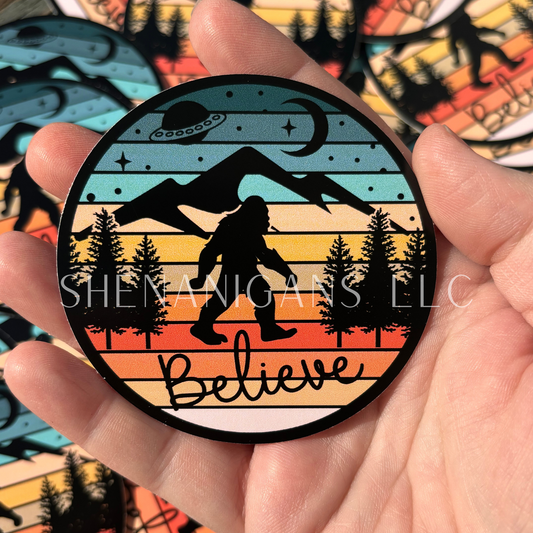 Bigfoot Hand Drawn Digital Art Sticker, Mountain Shilouette Night Sky Cryptid Forest Believe Alien Real