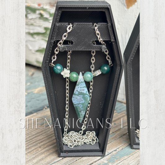 Moss Agate Diamond Pendant Necklace with Silver Hammered Chain