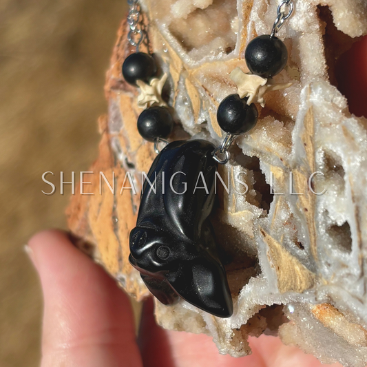 Obsidian Hanging Fruit Bat Necklace with Rattlesnake Vertebrae