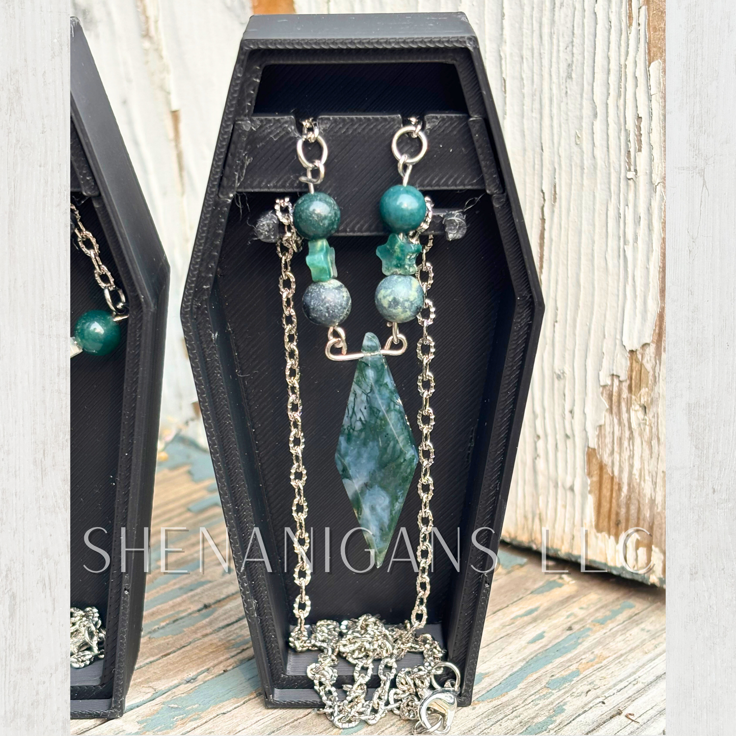 Moss Agate Diamond Pendant Necklace with Silver Hammered Chain