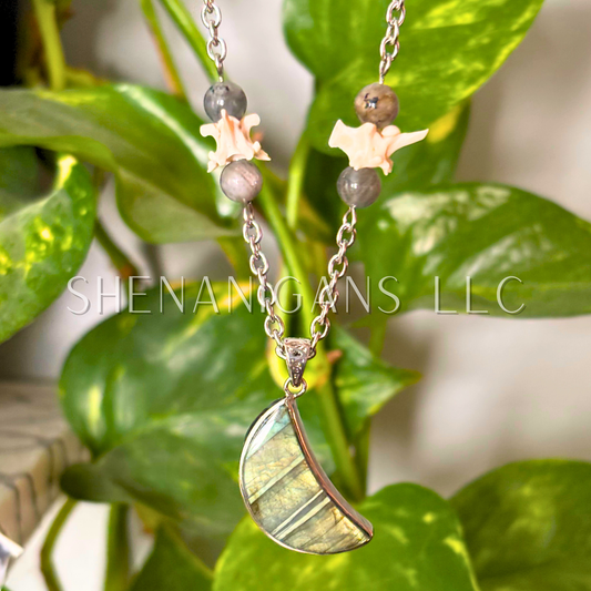 Blue Labradorite Crescent Moon Necklace with Snake Vertebrae