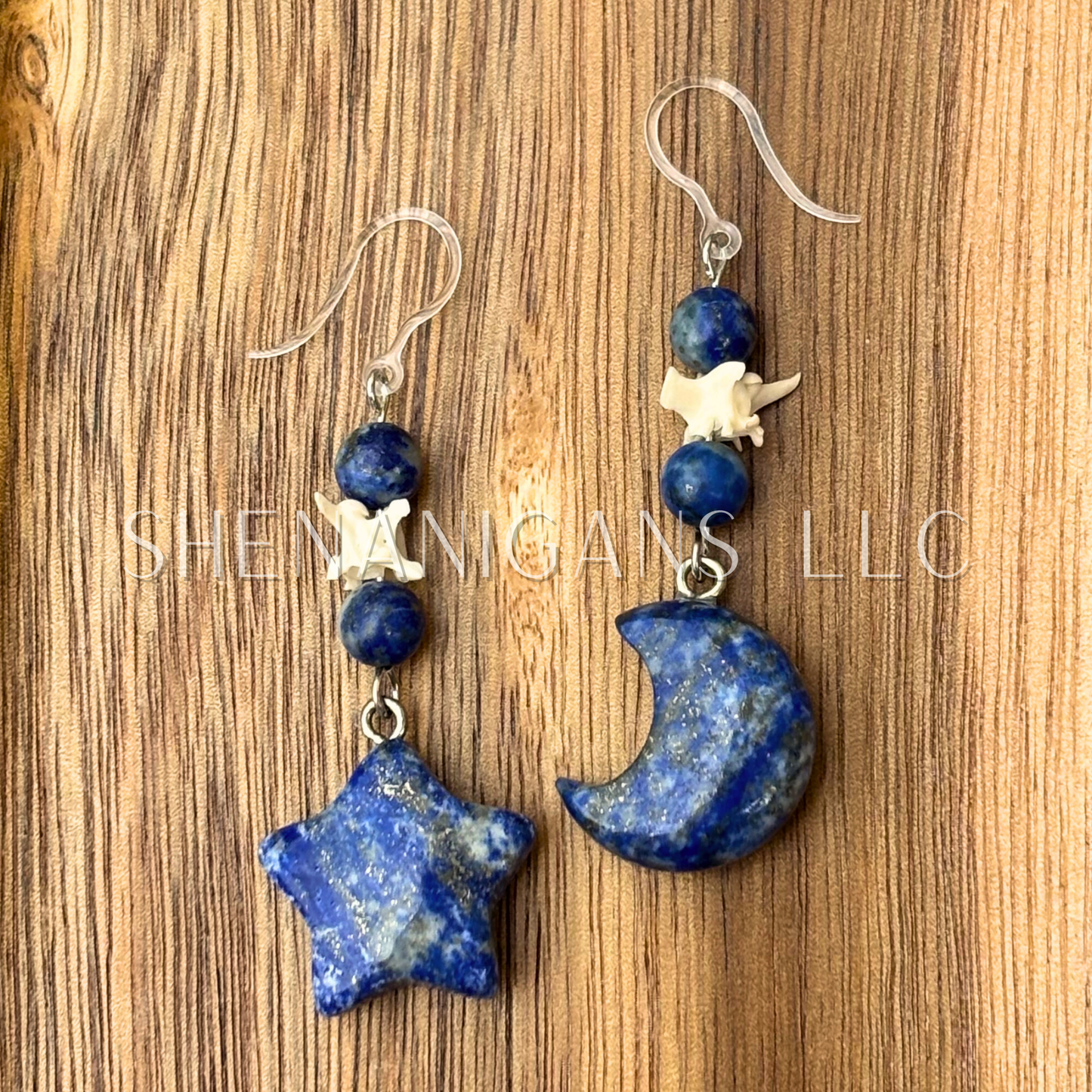 Lapis Lazuli Moon & Star Crystal Earrings – Handmade with Snake Vertebrae