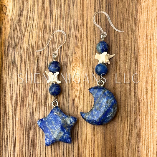 Lapis Lazuli Moon & Star Crystal Earrings – Handmade with Snake Vertebrae