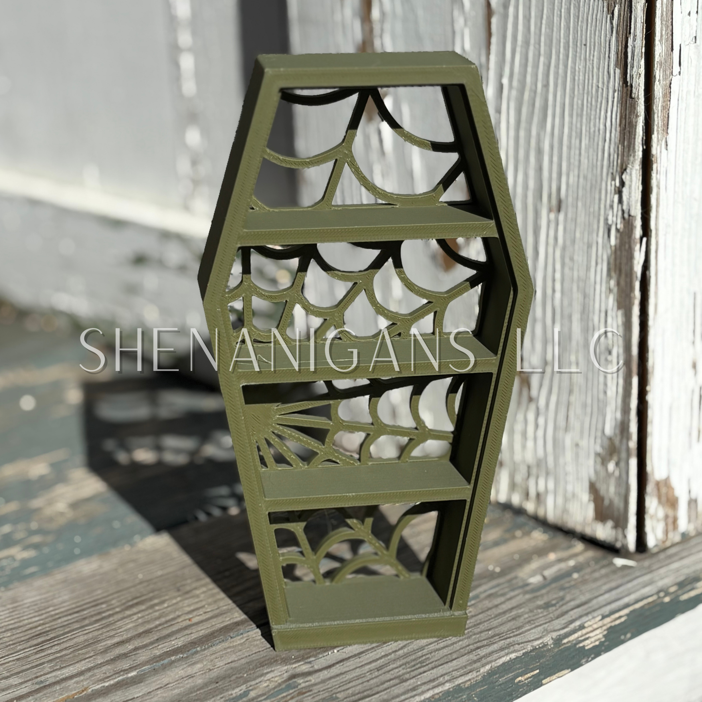 Curio Shelf Spider Web Coffin - 3 Shelf - Trinket, Desk, Crystal