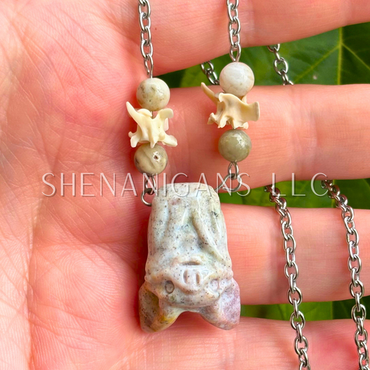 Fruit Bat Necklace – Mookiate Jasper Bat with Crazy Agate Beads and Snake Vertebrae