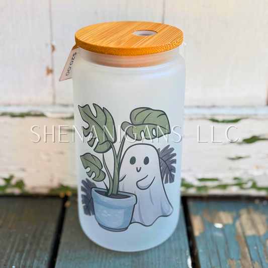 Monstera Plant Loving Ghostie Glass Tumbler Bamboo Lid