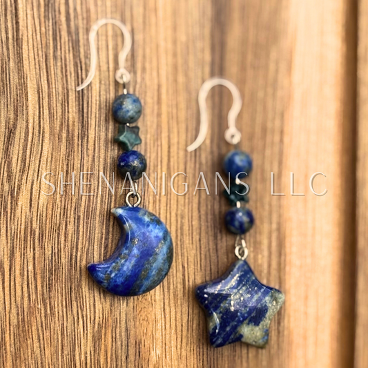 Lapis Lazuli Moon & Star Crystal Earrings