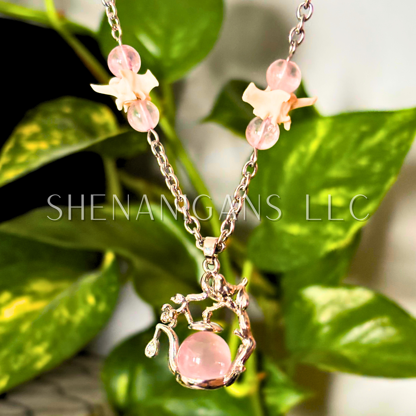 Rose Quartz Tea Pot Necklace with Rose Quartz Beads and Rattlesnake Vertebrae